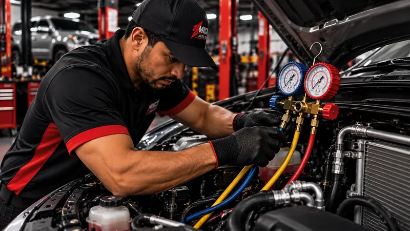 Técnico de Michael Auto Services dando mantenimiento al aire acondicionado