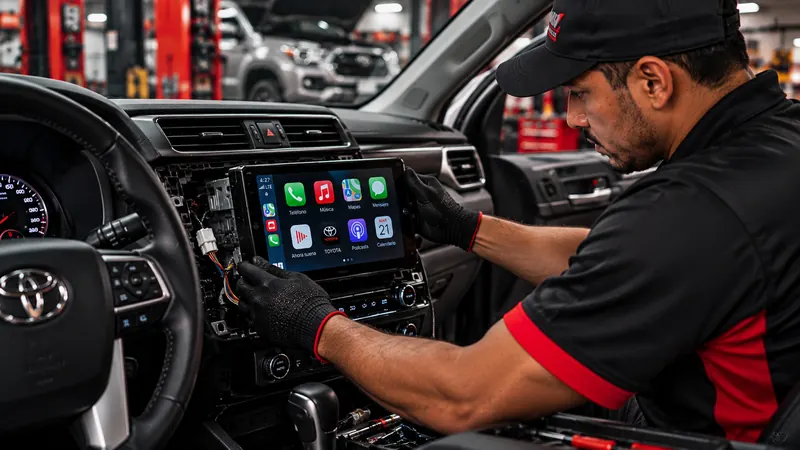 Técnico de Michael Auto Services instalando sistema de audio en el vehículo