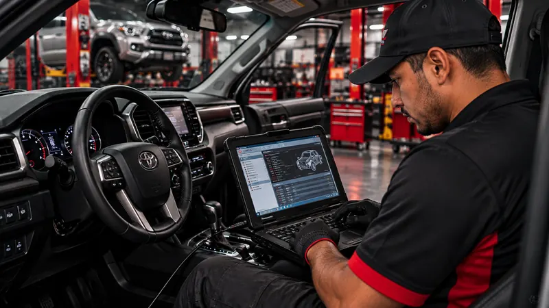 Técnico de Michael Auto Services con escáner de diagnóstico computarizado