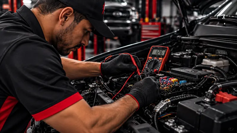 Técnico de Michael Auto Services revisando el sistema eléctrico del vehículo