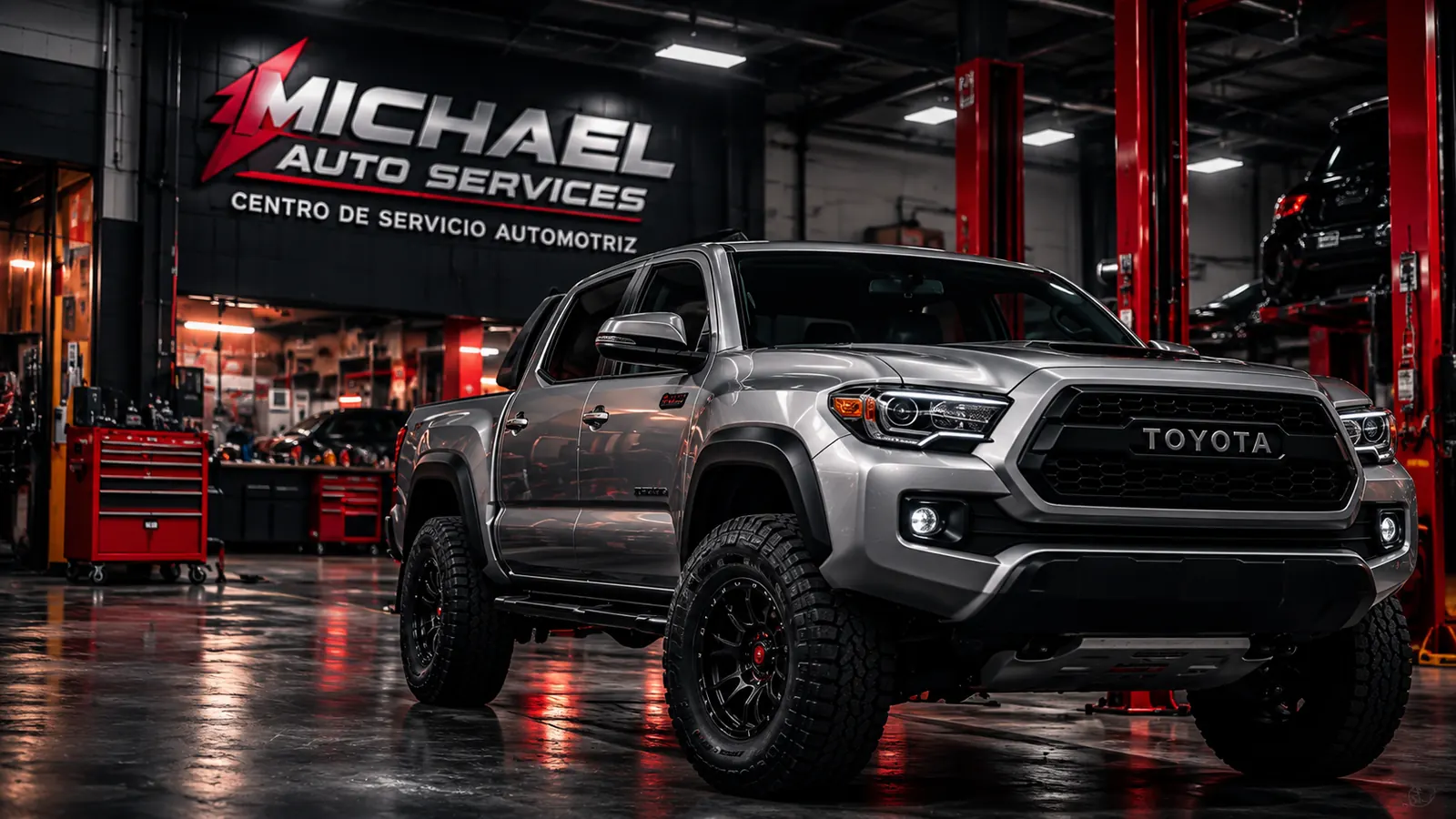 Camioneta Toyota gris de Michael Auto Services en el taller