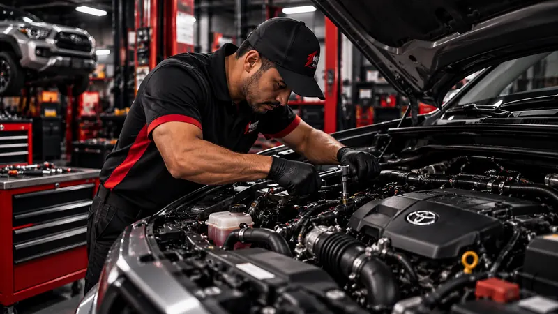 Técnico de Michael Auto Services realizando mantenimiento mecánico del motor